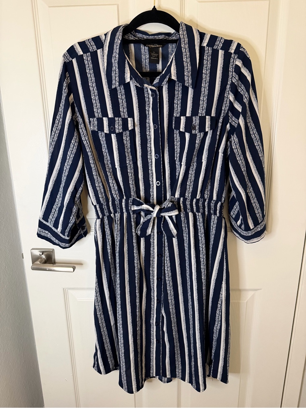 Striped Shirt Dress with Tie Waist - Navy & White